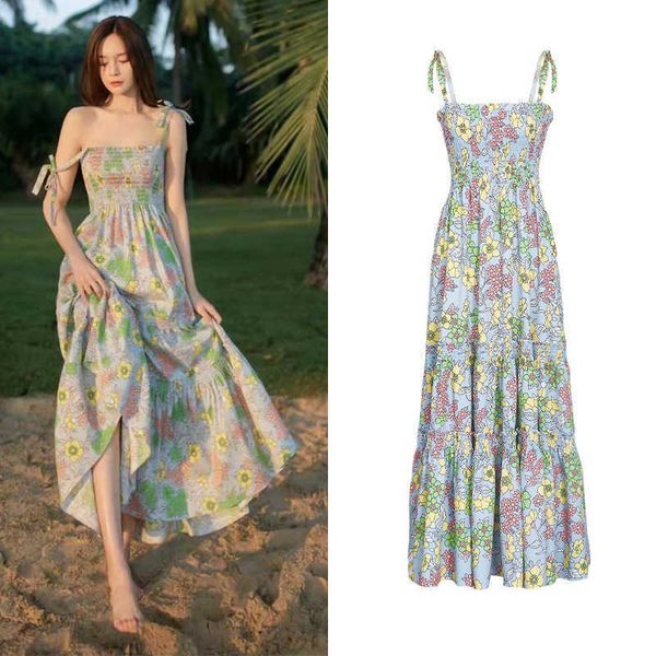 

] shen mengchen's same print fashion drs, summer holiday style, slim and floral suspender skirt, White;black