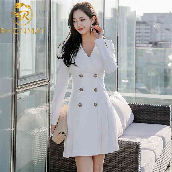 Herbst und Winter Koreanischer Stil Büro Damen Revers Faltenrock Arbeit Business Mittellanges zweireihiges Damenkleid 210506