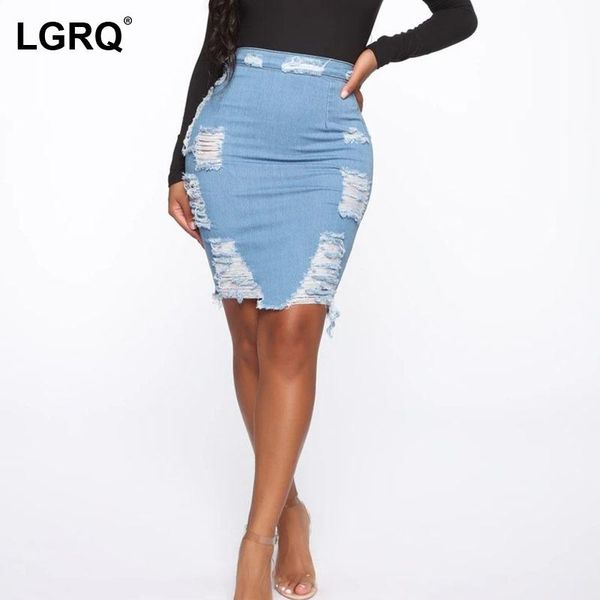 

skirts [lgrq] high elastic waist half-body navy blue casual hole mini denim skirt women fashion tide spring summer 2021 19d1558, Black