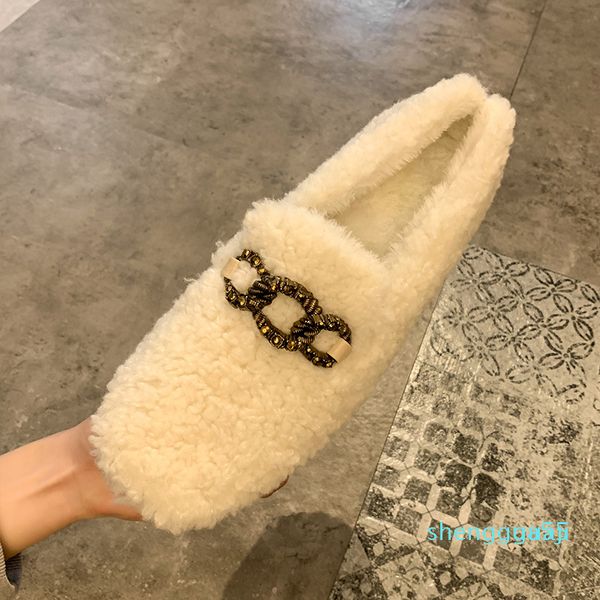 

spring metal buckle casual shoes female warm plush flats women shoes woman square low heels fur slip on ladies shoes, Black