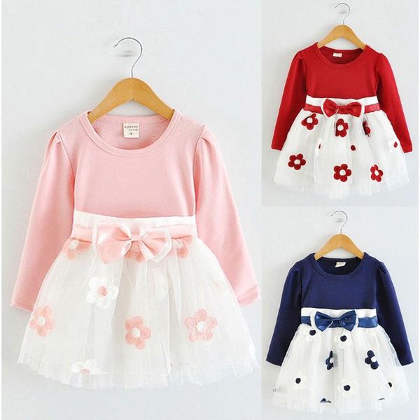 

girl's dresses 2021 girls princess dress toddler kids baby long sleeve tulle patchwork flower bow clothes girl clothing, Red;yellow