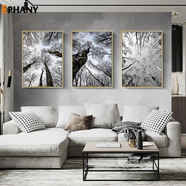 

black white winter forest canvas painting picture nature scenery wall art scandinavian poster nordic minimalist landscape decor paintings