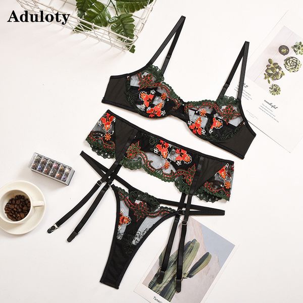 

womens retro lace embroidery underwear set underwire gather bra set thin section see-through thong garter erotic lingerie, Black;white