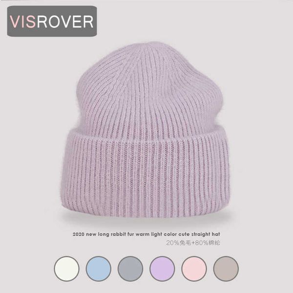 

visrover 9 colors solid color real rabbit fur beanies winter hat for woman knit bonnet acrylic autumn warm skullies, Blue;gray