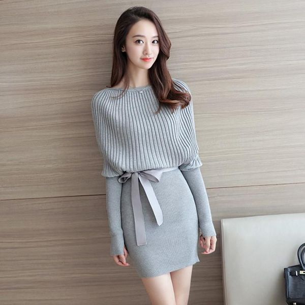 

casual dresses 2021 autumn medium-long pullover batwing sleeve sweater dress basic slim elegant knitted hip one-piece gray/black, Black;gray