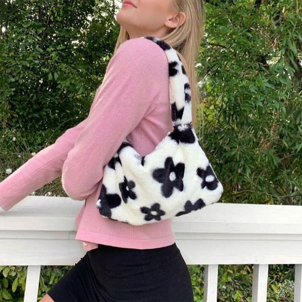 

evening bags fashion women small shoulder bag soft plush handbag stylish floral print handle clutch totes underarm