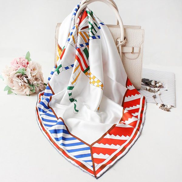 

scarves luxury 100% silk scarf women fashion twill kerchief geometric horse print shawl hijab hand rolled square bandana 90*90cm, Blue;gray