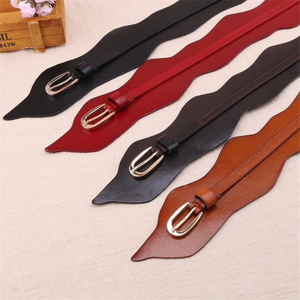 

wavy genuine leather belt for women ceinture femme elastic waistband female fashion dresses belts black red cowskin, Black;brown
