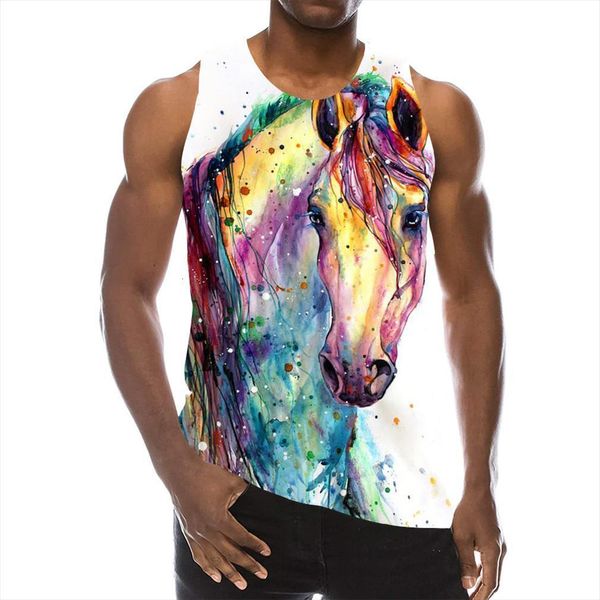 

mens animals graphic sleeveless 3d holiday horse tees splash ink tank gym boys streetwear novelty painting vest, White;black