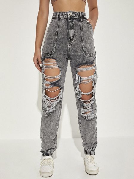 

ladder distressed high waist jogger jeans x55l#, Blue