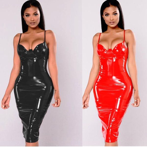 

casual dresses 4xl 5xl 6xl plus size dress winter pvc wet look leather women red black knee length zipper club, Black;gray