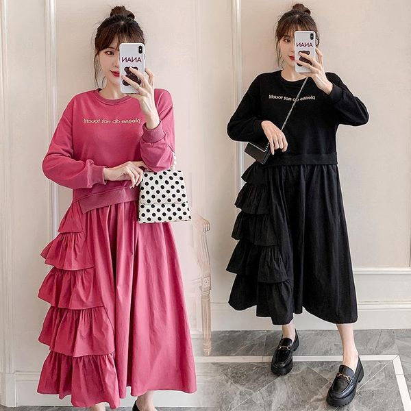 

6696# maternity dress spring autumn o neck letter long sleeves easy matching loose stylish pregnant women mom dresses, White