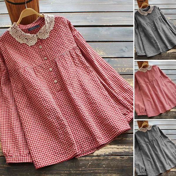 

blouses plus size vintage plaid shirts women's autumn blouse 2021 button long sleeve check blusas female lace patchwork, White