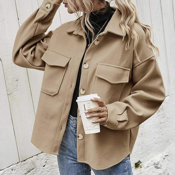 

women's jackets women's solid short woolen coat korean style women thick warm casual loose jacket 2021 autumn womens fashion outerw, Black;brown