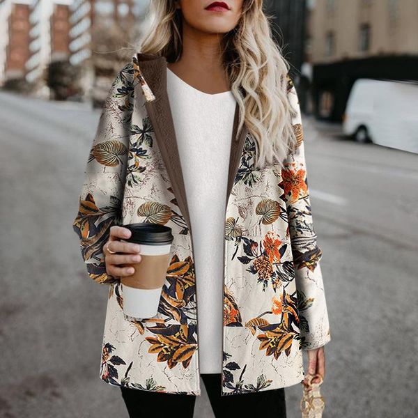 

women's jackets women winter warm floral hooded jacket 2021 flower print cashmere thicken coats vintage padded females parkas, Black;brown