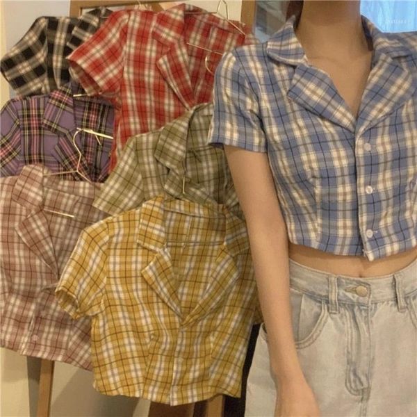 

summer korean blouse women vintage crop shirt streetwear plaid ladies elegant button up shirts women's blouses &, White