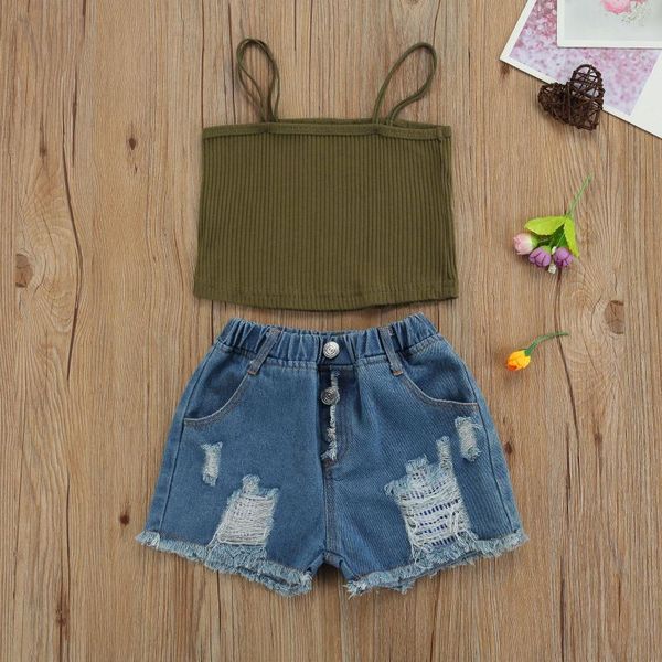 

clothing sets pudcoco kids clothes girls 2pcs summer outfits, solid color sleeveless rib knitted cotton strap + ripped denim shorts set, White