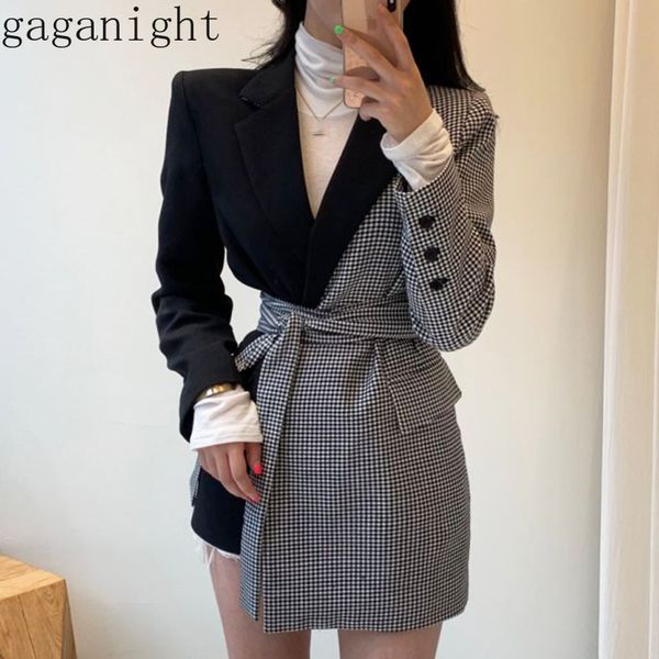

gaganight plaid solid patchwork women blazer long sleeve notched single breasted fashion lady spring autumn coat korean blazers 210519, White;black