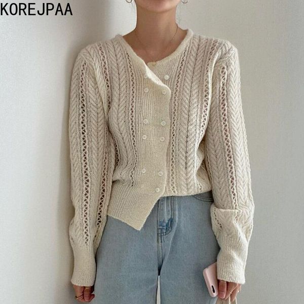 

women's knits & tees korejpaa elegant hollow cardigans women korea o-neck double breasted hook flower long sleeve casual sweater autumn, White
