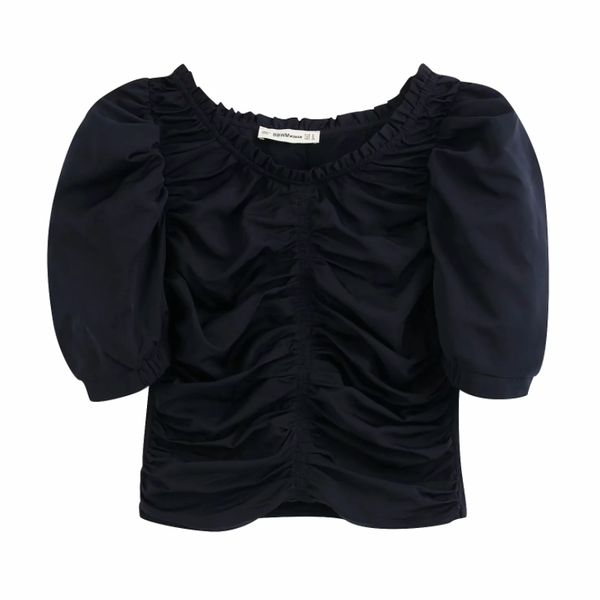 

fashion square collar women pleated short shirt casual lady sleeve solid blouse slim s7006 210430, White