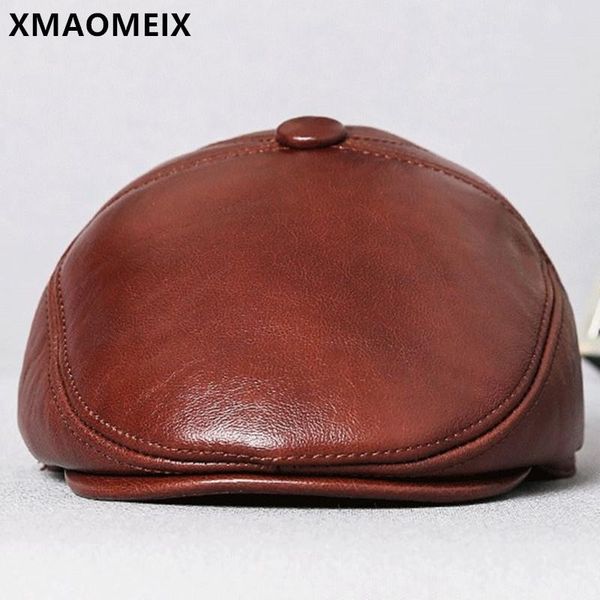 

berets xmaomeix autumn winter men's hat natural genuine leather cap plus velvet warm cowhide thermal earmuffs caps, Blue;gray