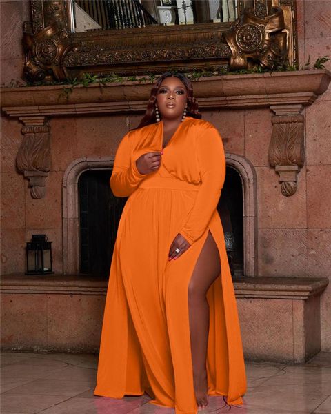 

plus size dresses haoohu 5xl maxi dress women wholesale solid v neck slip side hem party fall birthday outfits urban, Black
