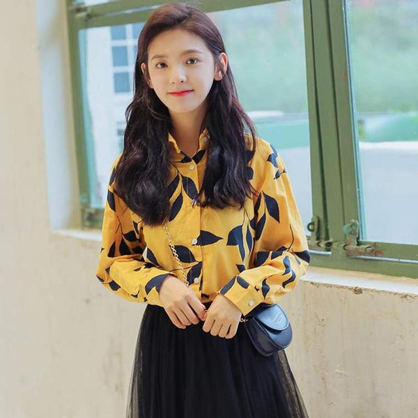 

women's blouses & shirts 2021 long sleeve lapel blouse vintage leaf printed women good quality cotton loose casual blusa feminina, White