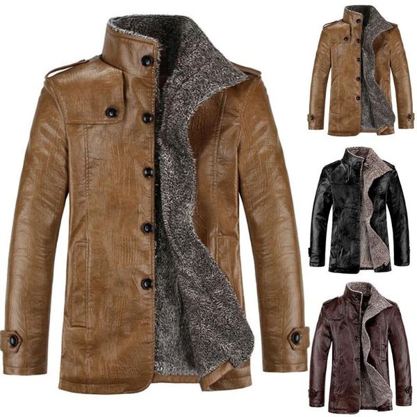 

men's jackets men winter stand collar faux leather buttons pocket fleece plus size outdoor warm coat jacket, Black;brown