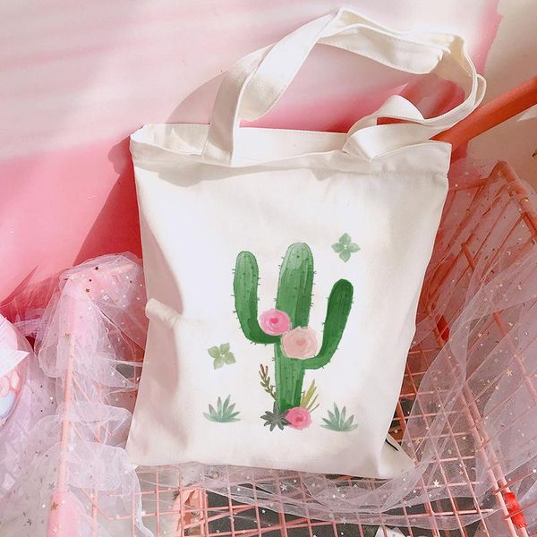 

shopping bags watercolor cactus canvas shoulder bag printing lady handbag reusable large capacity tote