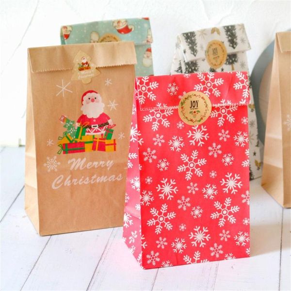

gift wrap 12sets xmas party decor diy candy cookie packaging christmas bags kraft paper bag snowflake stickers santa claus
