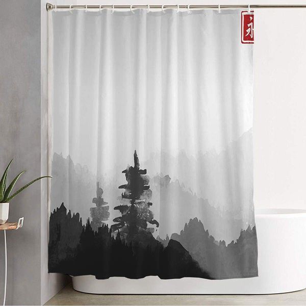 

shower curtain drawn pine sumi trees distant mountains scenic artwork oriental nature design scene hieroglyph fog waterproof