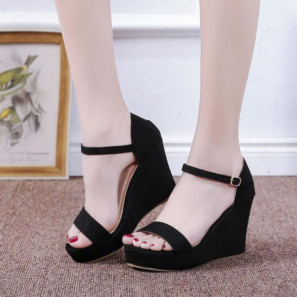 

summer fashionable and comfortable women's sandals one-line buckle casual mature wedge high heels large size 35-42, Black