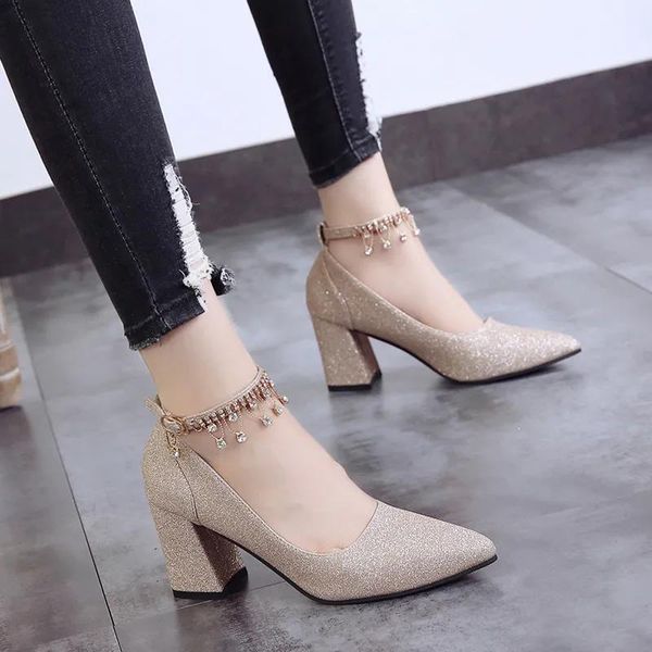 

dress shoes women casual street golden square heel for spring & summer silver bridal wedding heels zapatos de mujer g9316, Black