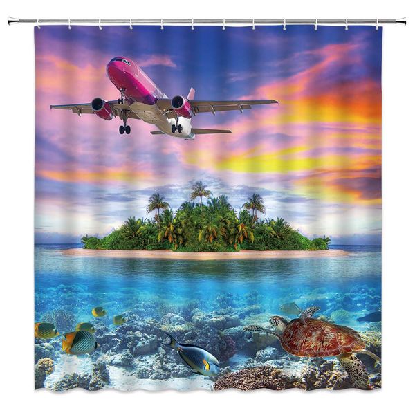 

ocean travel shower curtain tropical island plane trip decor undersea turtle coral 3d landscape,fabric bathroom set hooks