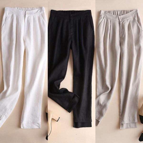 

high waist women japan style quality korea office lady casual loose slim fit cotton linen easy match harem pants women's & capris, Black;white