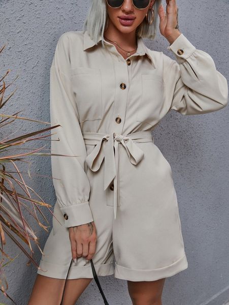 

drop shoulder pocket patched belted romper c4ki#, White