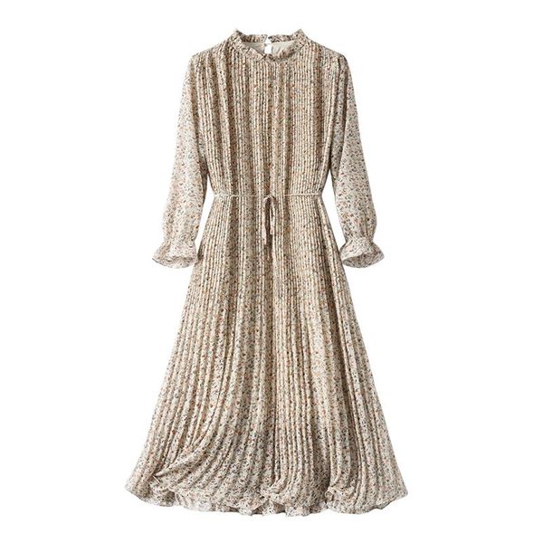 

prairie chic print pleated summer dress flare sleeve mid-calf sashes spring/autumn 2021 clothing women casual dresses, Black;gray