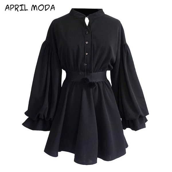 

casual vintage puff sleeve woman dress fashion retro black high waist slim single breasted punk girls short dresses, Black;gray