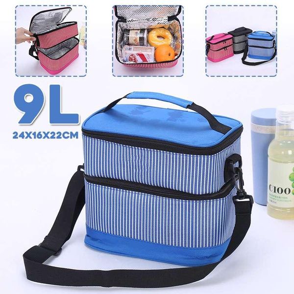 

double layer 9l waterproof insulated lunch bag warm / cold bento picnic storage pouch outdoor school bags organizer, Blue;pink