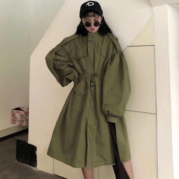 

wool autumn harajuku high belt with cordon long coat section goal loose lantern shirt female blunder f191 7xth, Black