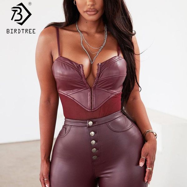 

burgundy pu bodysuit women vest strap mesh patchwork transparent rompers jumpsuit body camis d11003a women's jumpsuits &, Black;white