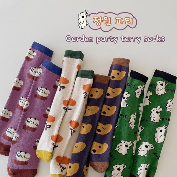 

socks z390 winter thick cute girl terry toddler knee high flower bear, Pink;yellow