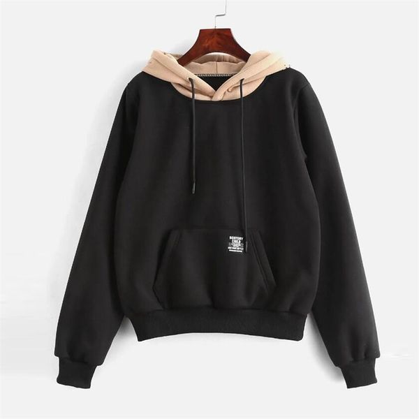 

long sleeve color contrast hooded sweater for women in autumn, Black