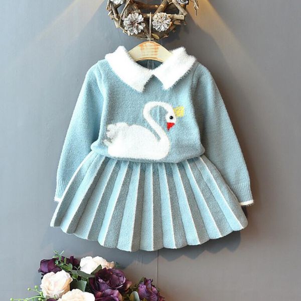 Kinderkleidungsset für Mädchen, bedruckter Pullover mit Umlegekragen und kurzem Rock, gestrickte warme Kleidung