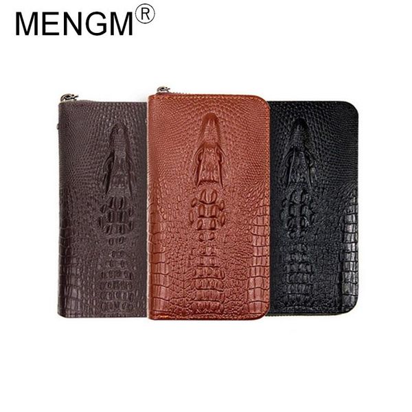 

long wallets for men crocodile pattern big money bag cash purse zippers pouch with hand rope birthday gift black brown, Red;black