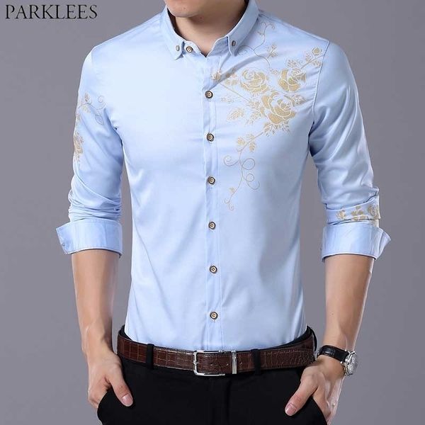 

gold floral print button down shrit men spring slim fit long sleeve mens dress shirts wedding party social chemise 4xl 210522, White;black