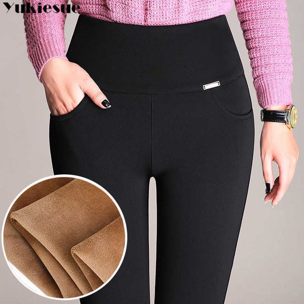 

women winter warm pants velvet thick fleece trousers high waist elastic mother stretch skinny pencil pants plus size 5xl 210608, Black;white