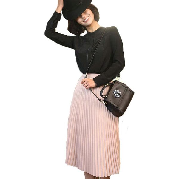 

skirts 2021 spring fashion women's high waist korean elegant pleated solid color half length elastic skirt black pink