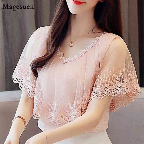 

fashion lace women's shirt short sleeve v neck blouses casual floral chiffon blouse summer clothes blusas mujer 0788 210512, White