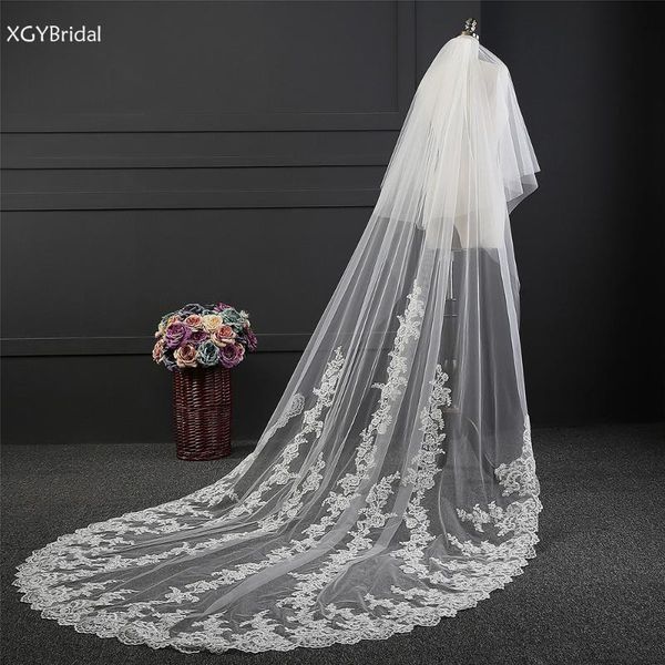 

bridal veils real pos long lace edge wedding white ivory with comb 3.5 meters two layer cathedral accessories, Black